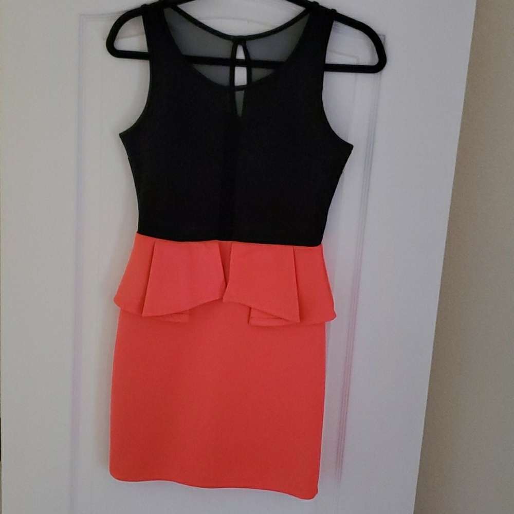Coral and black bodycon mini dress